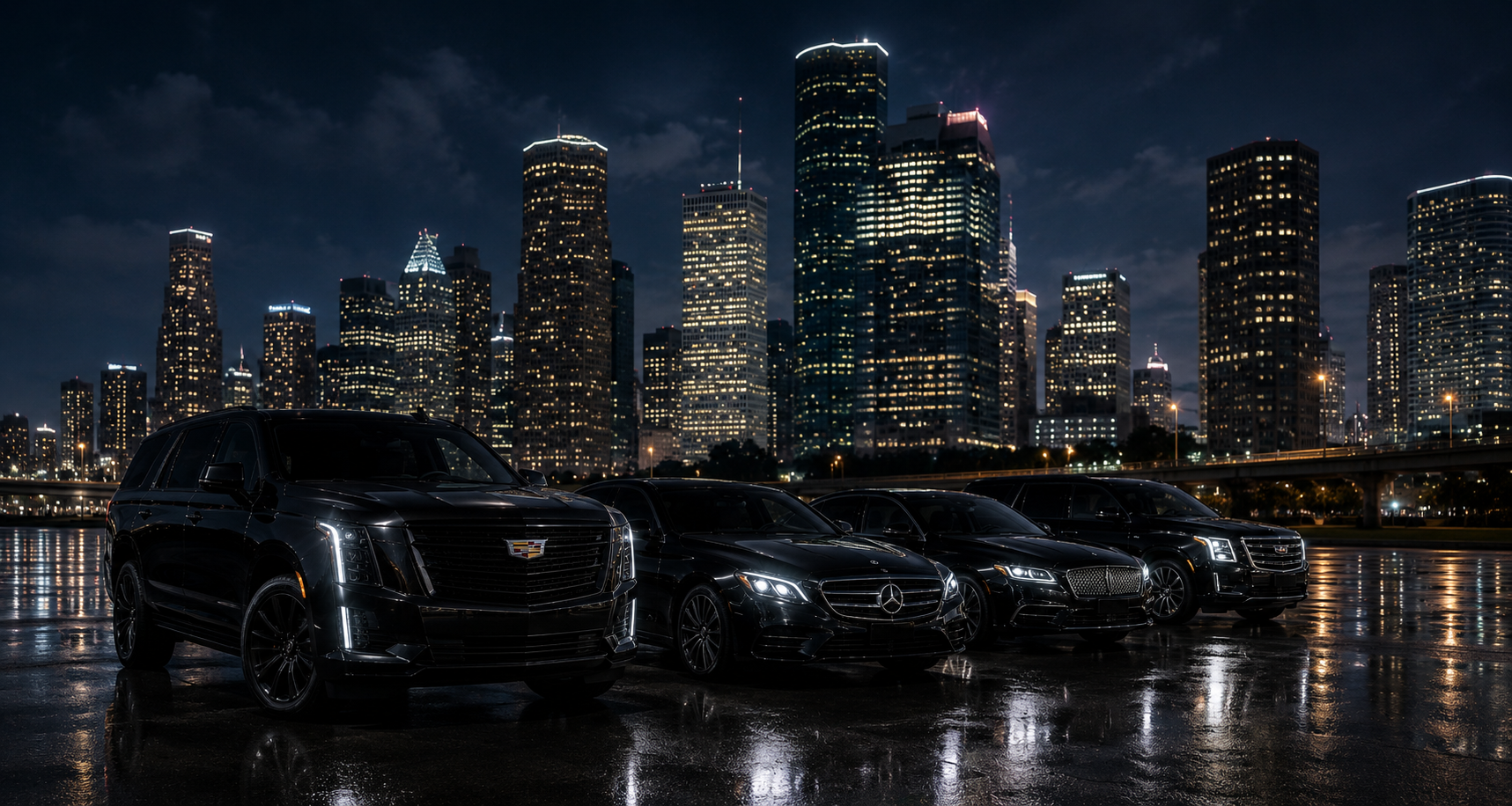 Black luxury chauffeured car on a Houston street at night